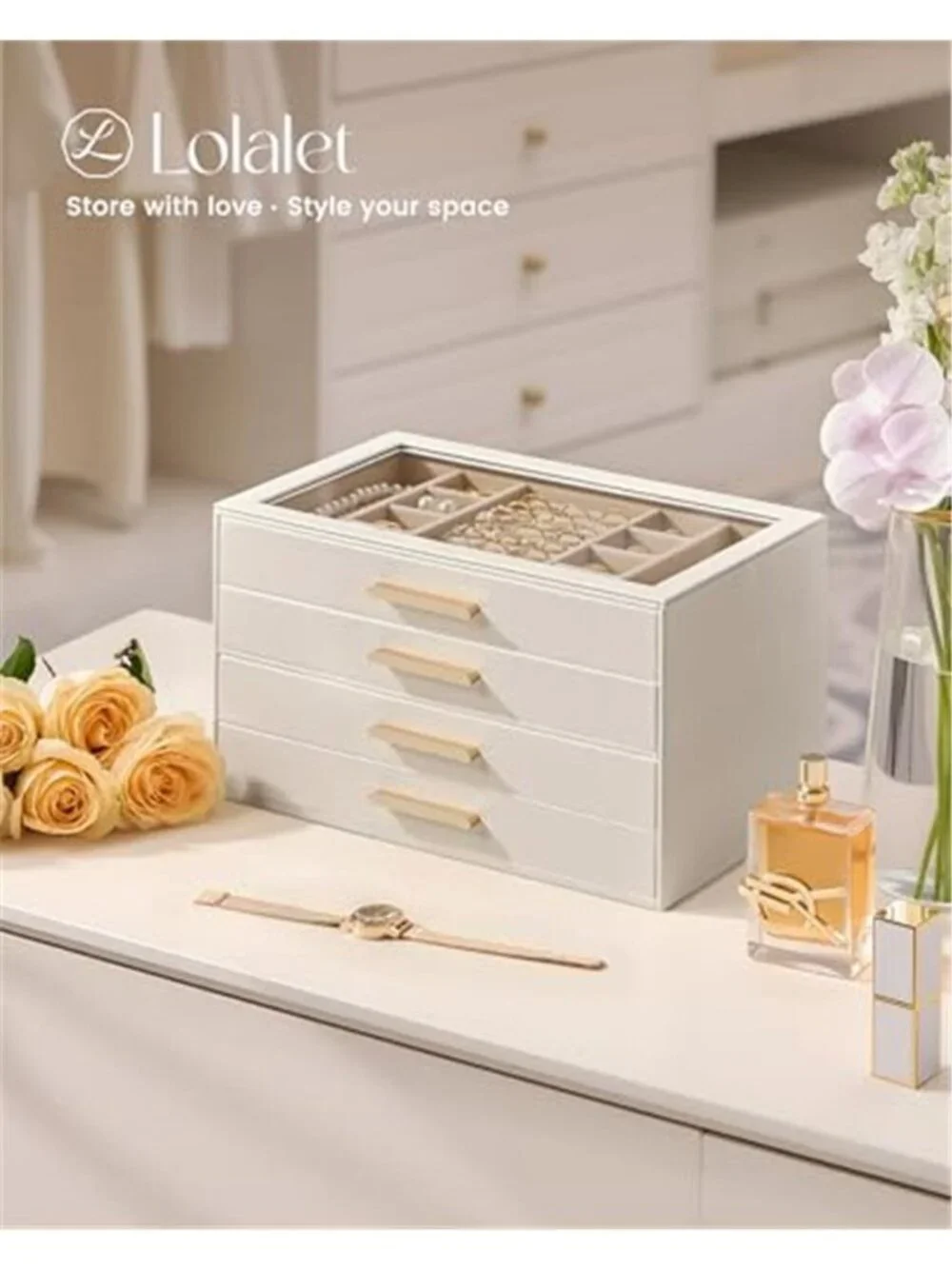 Beige Jewelry Box Organizer 4 Drawer Glass Lid Velvet Ring Necklace Earring Case
